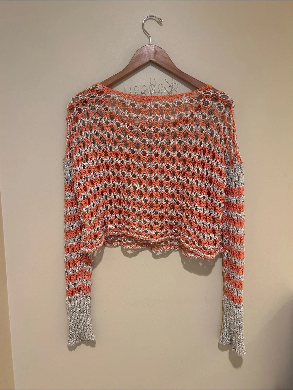 Free People Cream and Orange Crochet Open-Knit Cropped Boho Sweater Size M